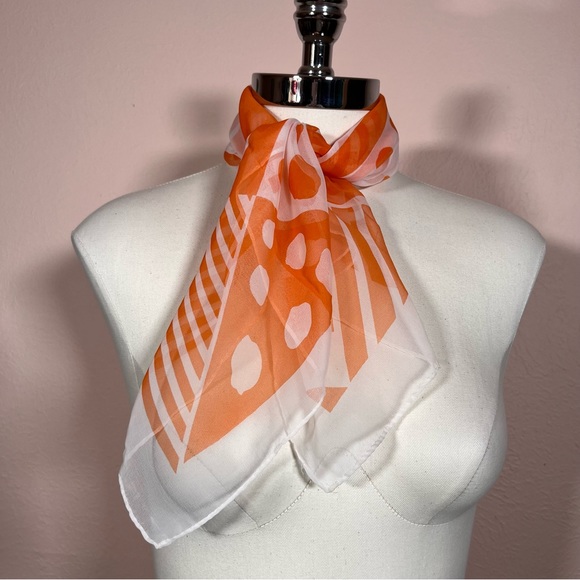Vintage 60 70 Mod Geometric Orange White Semi Sheer Neck Scarf - Picture 4 of 17